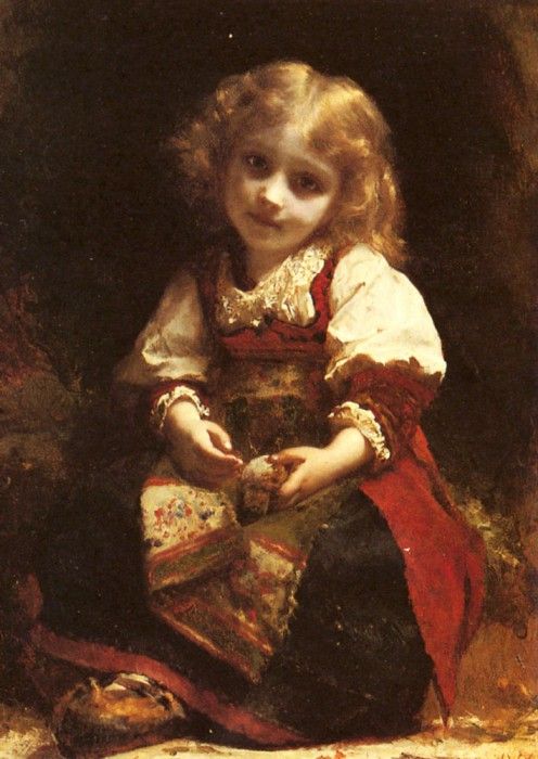 Piot Adolphe A Little Girl Holding A Bird. ,  