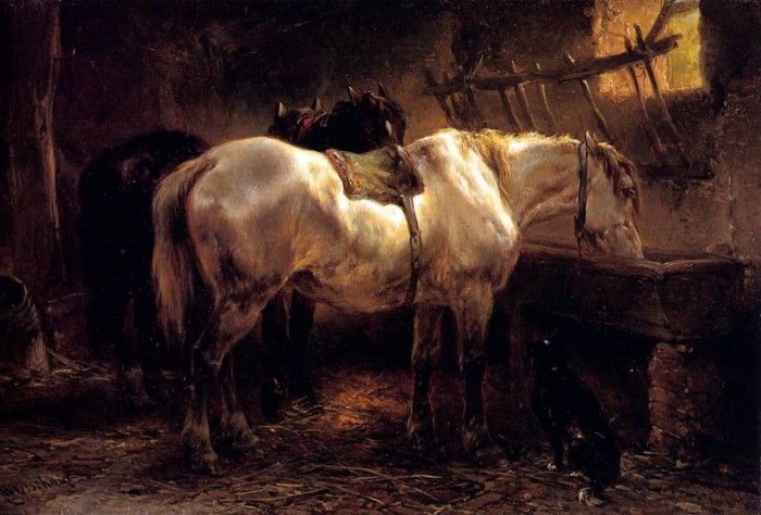 Verschuur Wouterus Two horses in a stable Sun . Verschuur, Wouterus