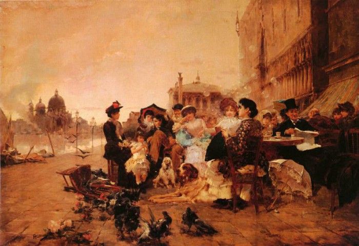 Ramirez-Ibanez Manuel (Spanish) 1856-1925 A Cafe On The Riva Schiavone, Venice OC 78by111cm. ,  Ibanez