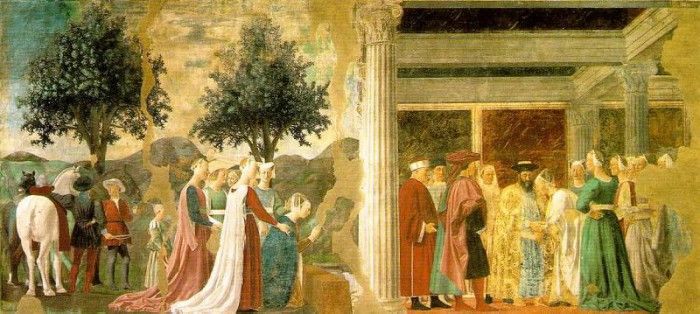 Piero della Francesca -The Arezzo Cycle - Adoration of the Holy Wood and the Meeting of Solomon and the Queen of Sheba. ,  