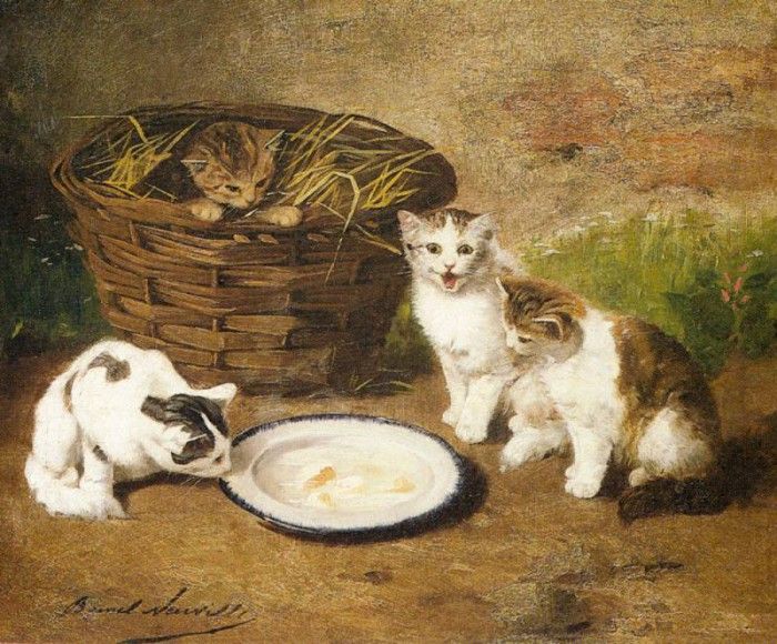 Neuville Alfred Arthur Brunel De Kittens By A Bowl Of Milk. ,   Brunel