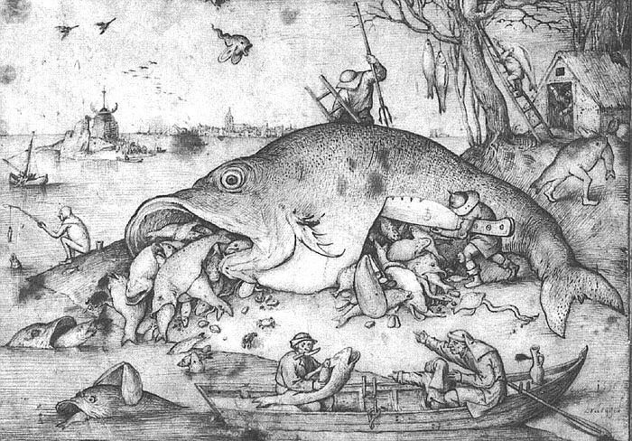 Bruegel d.a. Big Fishes Eat Little Fishes, 1556, pen drawing. ,  