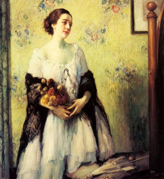 Toussaint Fernand A Young Woman Holding A Bouquet. , 