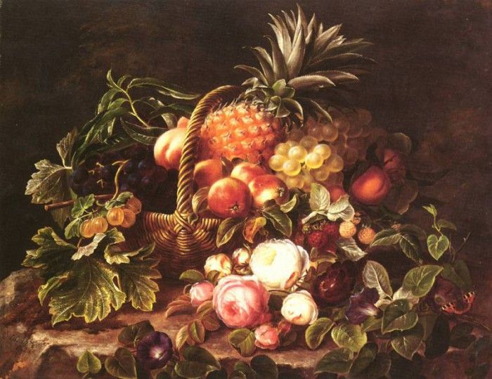 Jensen Johan Laurentz (Danish) 1800 to 1856 A Still Life Of A Basket Of Fruit And Roses SND 1842 . ,  Laurentz