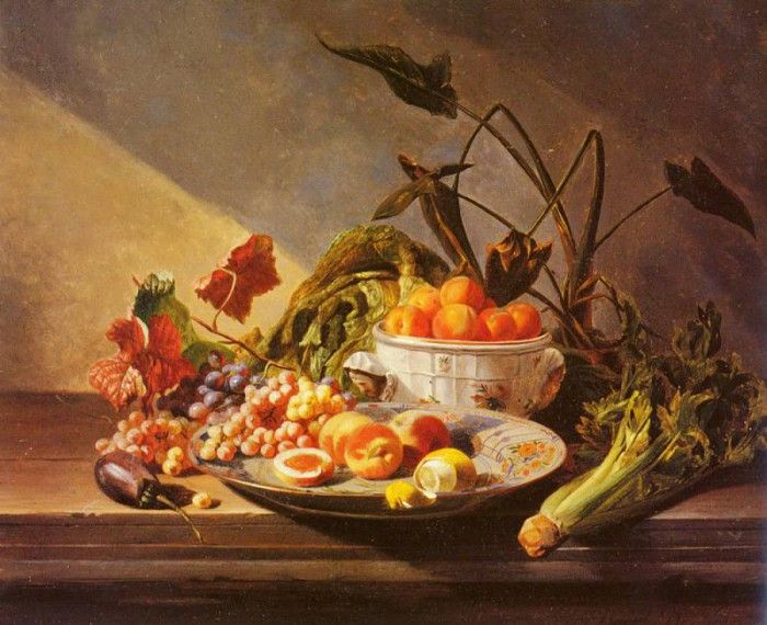 Noter David Emil Joseph De A Still Life With Fruit And Vegetables On A Table. ,    