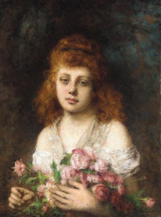 Harlamoff Alexej Auburn haired Beauty with Bouquet of Roses. ,  Alexeivich