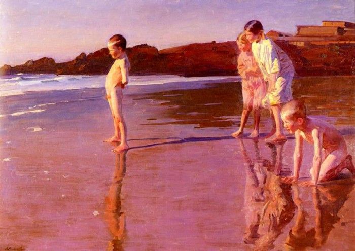 Correa Benito Rebolledo Children On The Beach At Sunset  Valencia. ,  Rebolledo