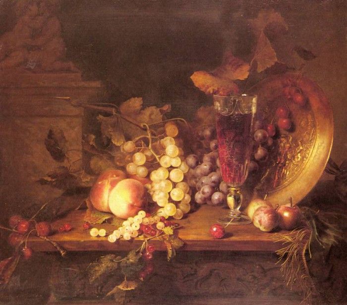 Desgoffe Blaise Still Life With Fruit A Glass Of Wine And A Bronze Vessel On A Ledge. Desgoffe,  