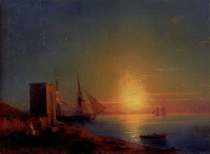 Aivazoffski Ivan Konstantinovich Figures In A Coastal Landscape At Sunset.   