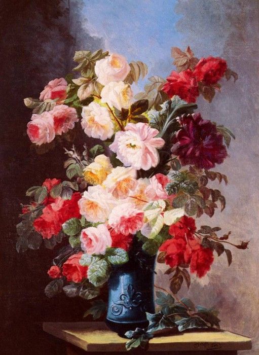 Viard Georges A Still Life With Roses And Peonies In A Blue Vase. , 