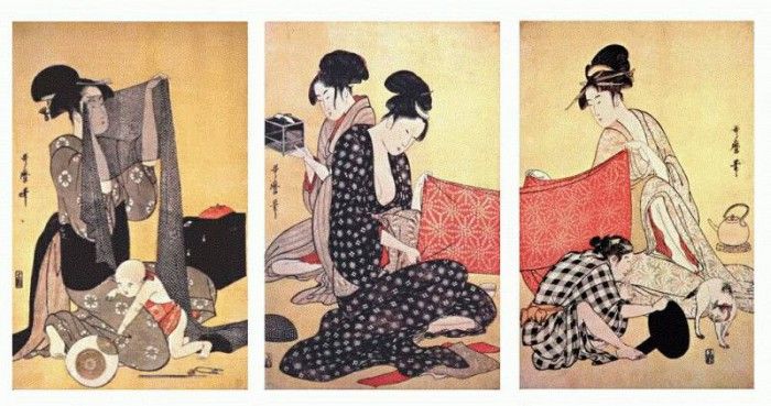 utamaro women making dresses 1-triptych mid-1790s. , 