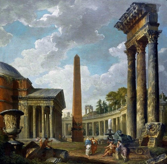 Caprice architectural avec le Pantheon, le portique San Pietro et les trois colonnes de Dioscuri. ,  