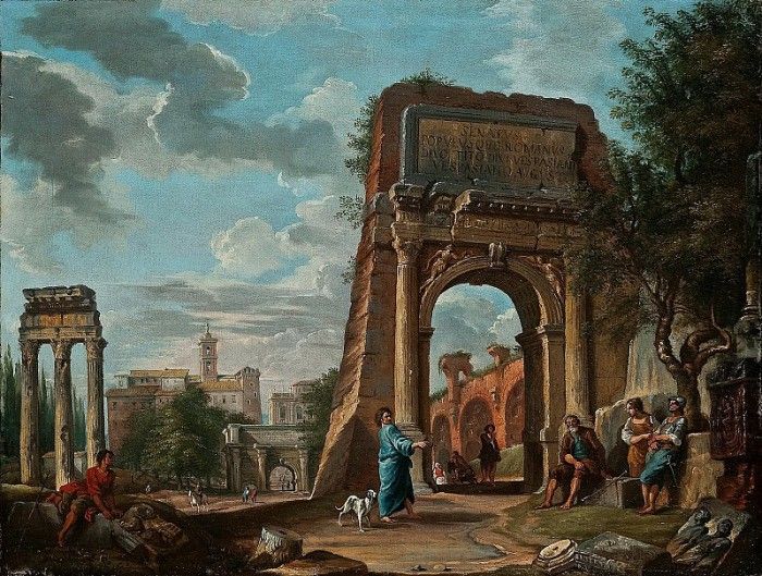 The Roman Forum with the Arch of Titus, with figures and the Capitoline Hill in the background. ,  