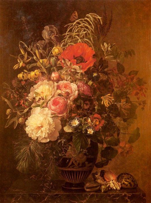 Jensen Johan Laurentz A Still Life With FlowersIn A Greek Vase. ,  Laurentz