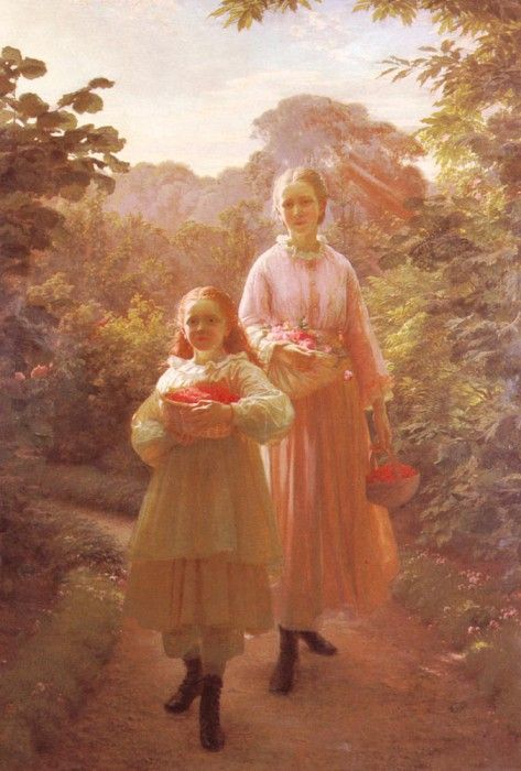 Olrik Ole Henrik Sisters Gathering Raspberries And Roses  Summer. Olrik  