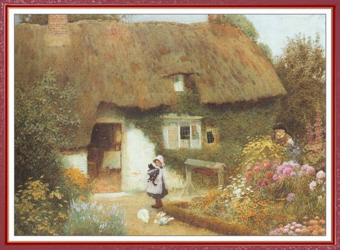 StrachanArthurClaude GirlAndKittenBeforeCottage-We (f047). ,  