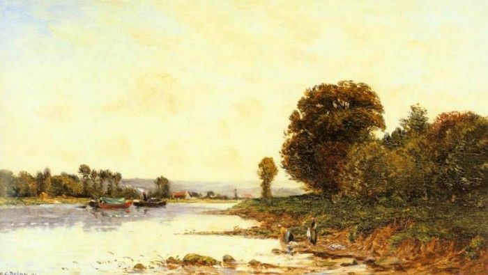 Delpy Hippolyte camille Washerwomen In A River Landscape Wi.   