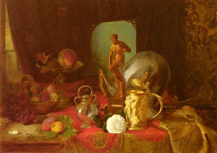 Desgoffe Blaise A Still Life With Fruit Objets D Art And A White Rose On A Table. Desgoffe,  