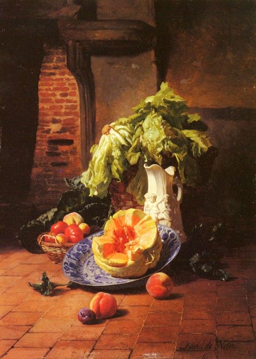 Noter David Emil Joseph De A Still Life With A White Porcelain Pitcher Fruit And Vegetables. ,    