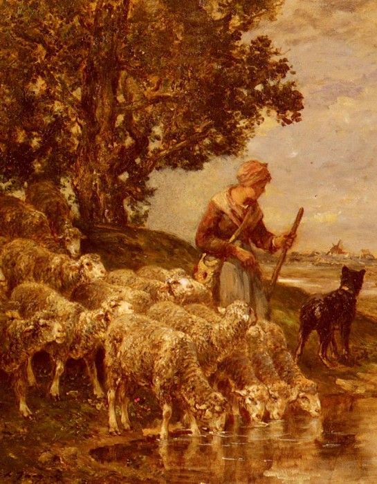 Jacque Charles Emile A Shepardess Watering Her Flock. ,  