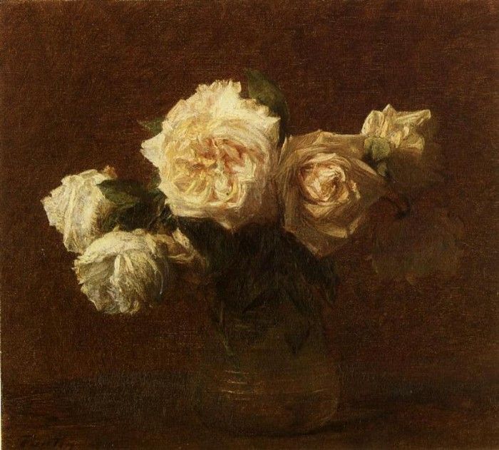 Fantin Latour Henri Yellow Pink Roses in a Glass Vase. -, ---