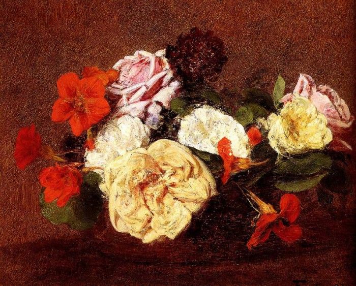 Fantin Latour Henri Bouquet Of Roses And Nasturtiums. -, ---