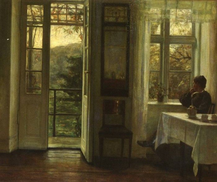 Holsoe Carl Vilhelm (Danish) 1863 to 1935 At The Window O C 82 by 90.1 cm. Holsoe,  