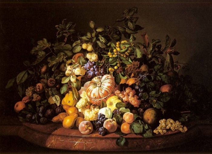 Zinnogger Leopold A Still Life Of Fruit On A Marble Ledge. Zinnogger, 