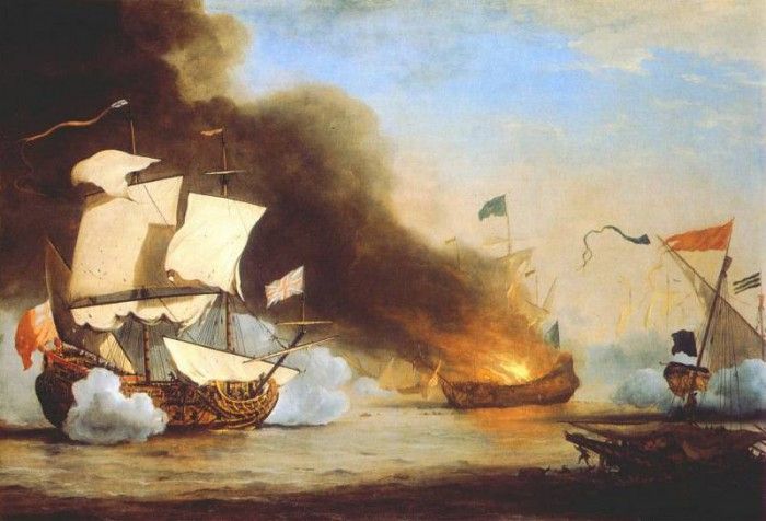 Velde-The-Younger An English Ship In Action With Barbary Corsairs. ,    