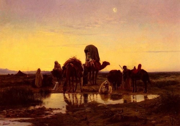 Girardet Eugene Alexis Camel Train By An Oasis At Dawn. ,  