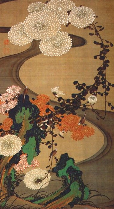 jakuchu birds and chrysanthemums by a stream c1765-6. Jakuchu, 