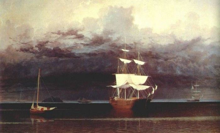 lane ships and an approaching storm off camden, maine 1860. ,  