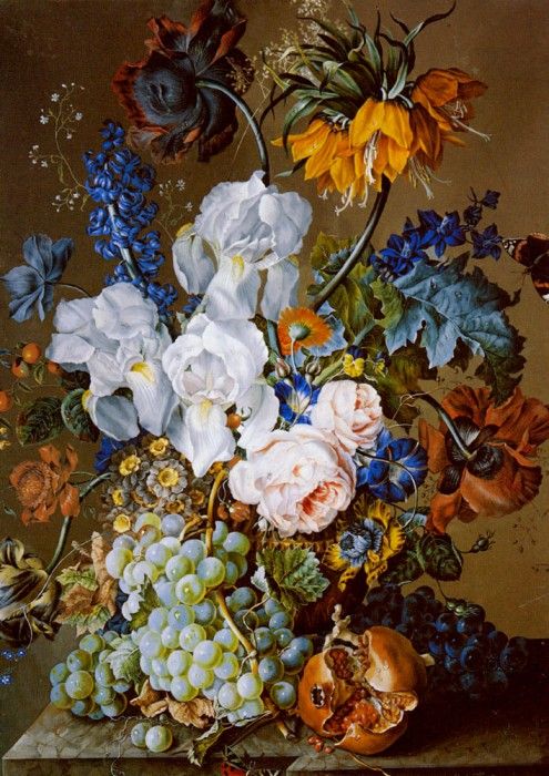 Hartinger Anton An Elaborate Floral Still Life With A Pomegranate Grapes And Butterflies. , 
