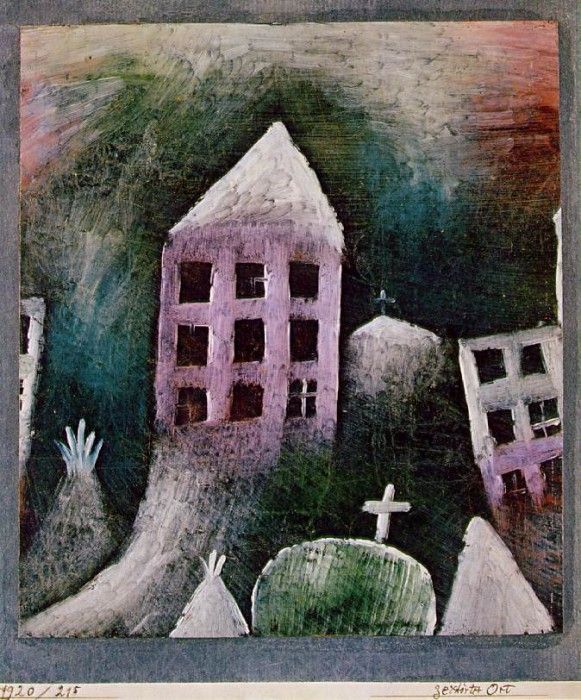 Klee Destroyed place, 1920, Oil on paper mounted on gray-blu. , 