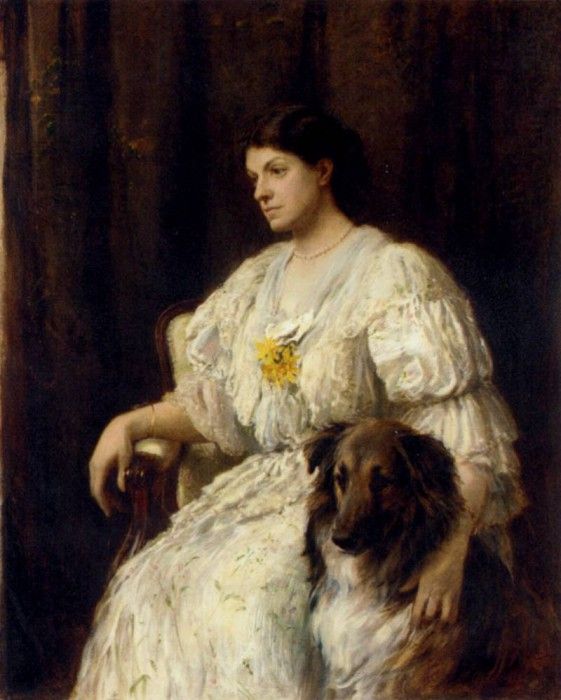 portrait of a lady with her collie seated three quarter length. , 