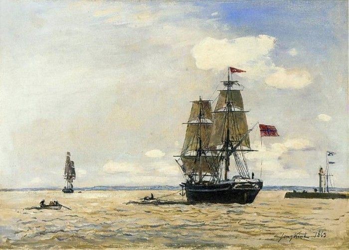 Jongkind Johan Berthold Norwegian Naval Ship Leaving the Port of Honfleur. Jongkind,  