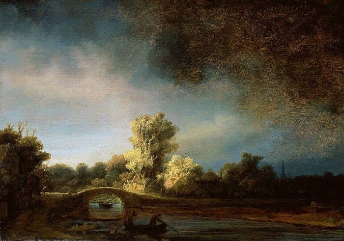 Rijn van Rembrandt Landscpae with bridge Sun. ,  