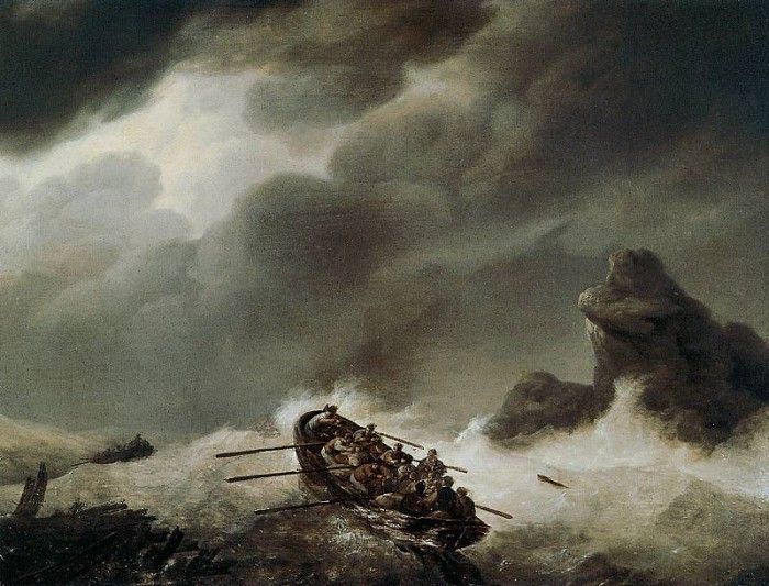 Koekkoek Johannes H Shipwrecked men in fierce storm Sun. Koekkoek, �������� Hermanus