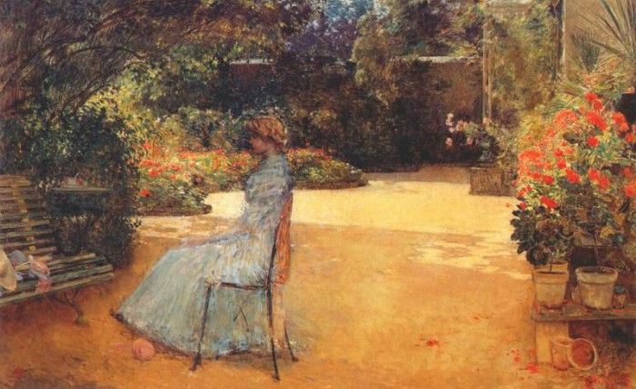 hassam the artists wife in a garden, villiers-le-bel 1889. , 