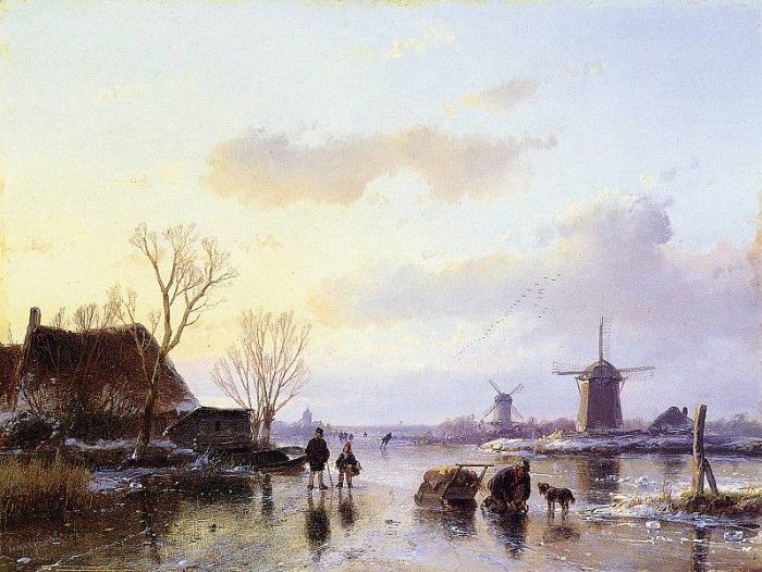 Schelfhout Andreas Mills along frozen canal Sun. Schelfhout, 