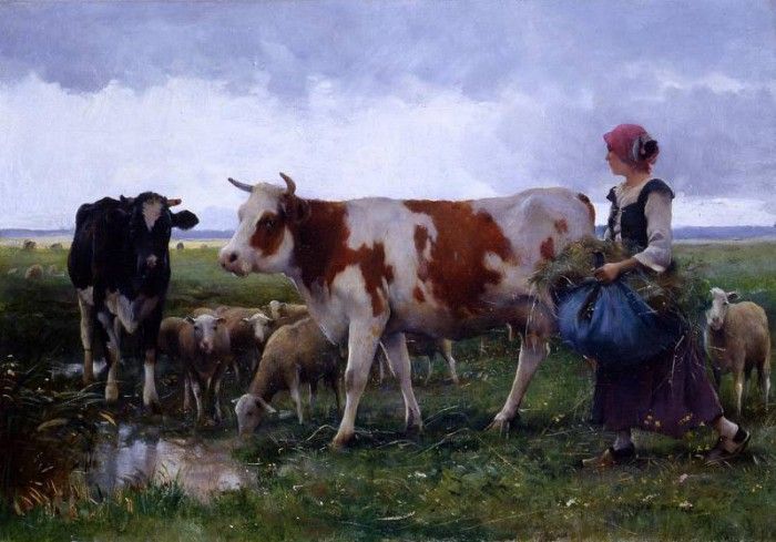 Peasant woman with cows and sheep. , 