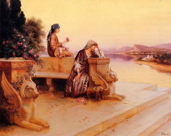 Ernst Rudolph Elegant Arab Ladies on a Terrace at Sunset.  