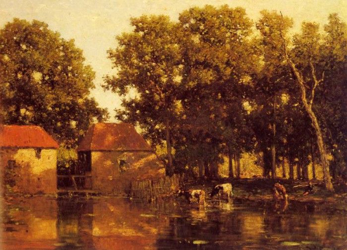 Roelofs Willem A Sunlit River Landscape With Cows Watering. , 