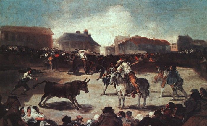 Goya Village Bullfight, 1793, oil on wood, Academy of San Fe.   ,  