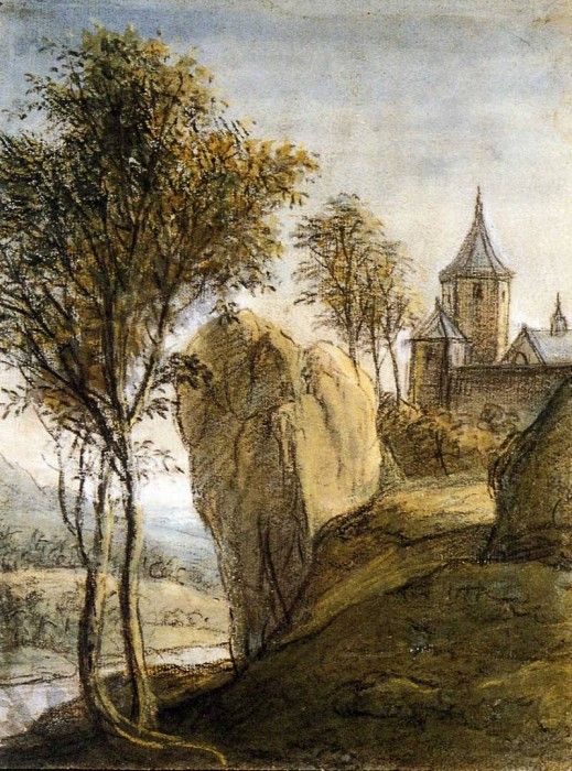 Waterloo Anthonie Mountainous landscape with castle on rock . , 