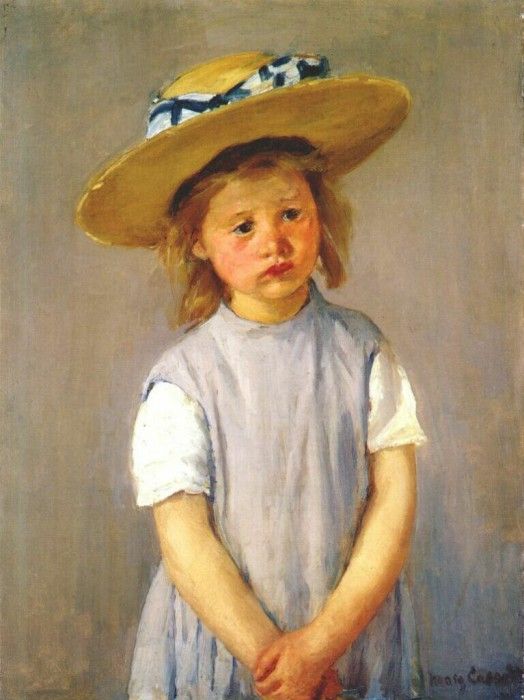 cassatt little girl in big straw hat and pinafore c1886.  