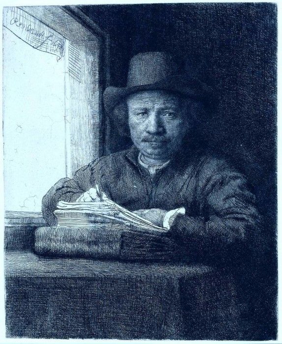 Rembrandt Rembrandt drawing at a window 1648. ,  