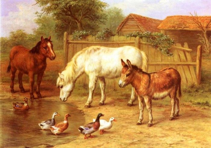 Hunt Edgar Ponies, Donky and Ducks In A Farmyard. , 