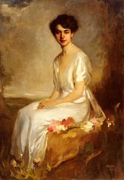 Halmi Arthur Lajos Portrait Of An Elegant Young Woman In A White Dress. ,  