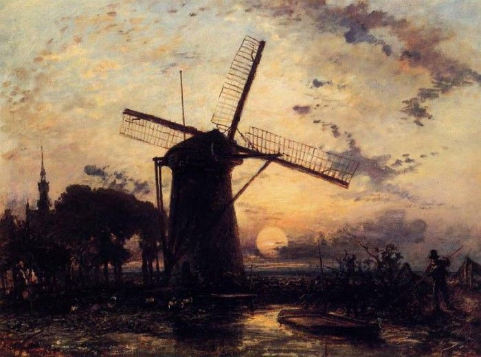 Jongkind Johan Berthold Boatman by a Windmill at Sundown. Jongkind,  